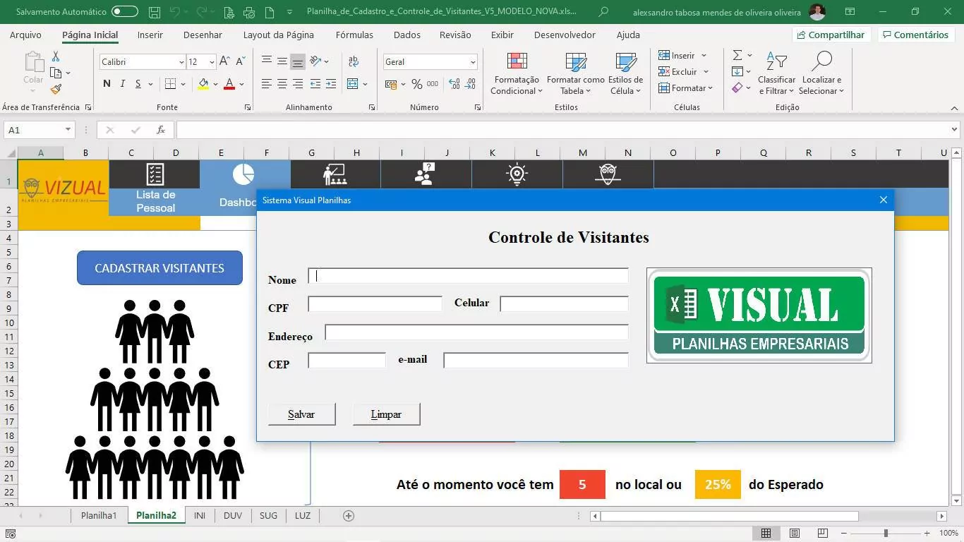 Planilha em Excel de Controle e Cadastro de Visitantes